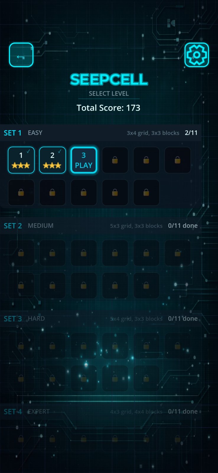 Level select — 5 difficulty sets